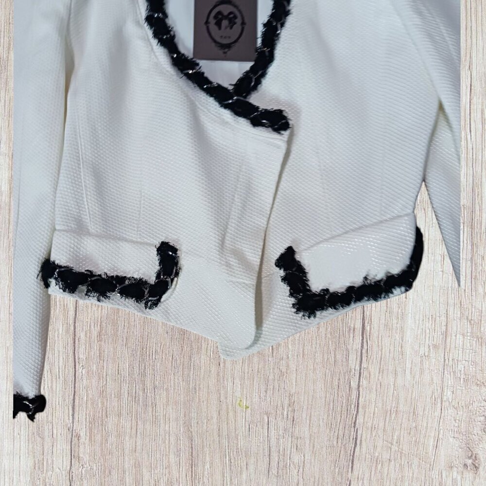 Holy Gino by tov   Womens Blazer With Black Fringe Trim Cream Color Size 36 - Picture 6 of 11